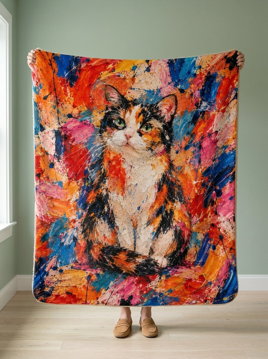 Custom cat portrait blanket, Abstract Expressionism style, held open