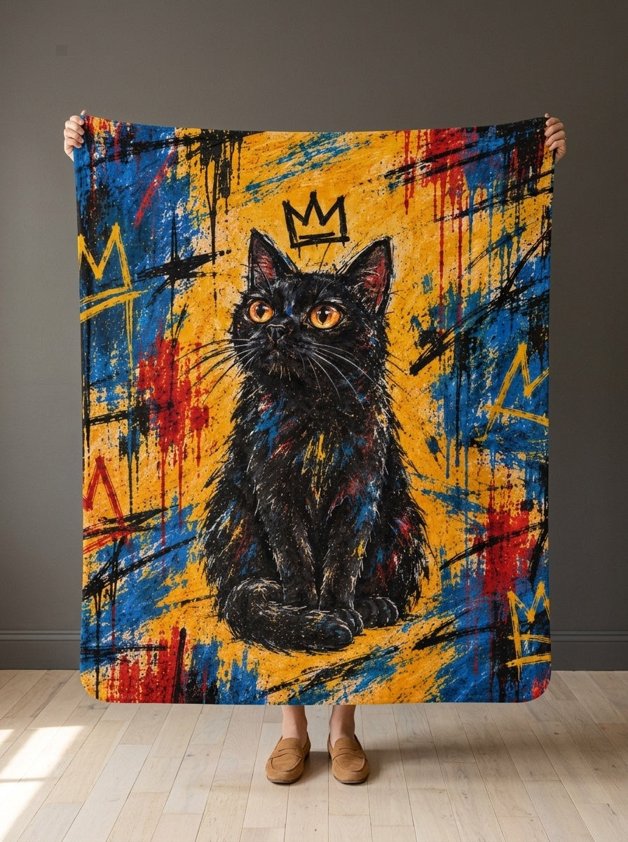 Custom cat portrait blanket, Basquiat style, held open