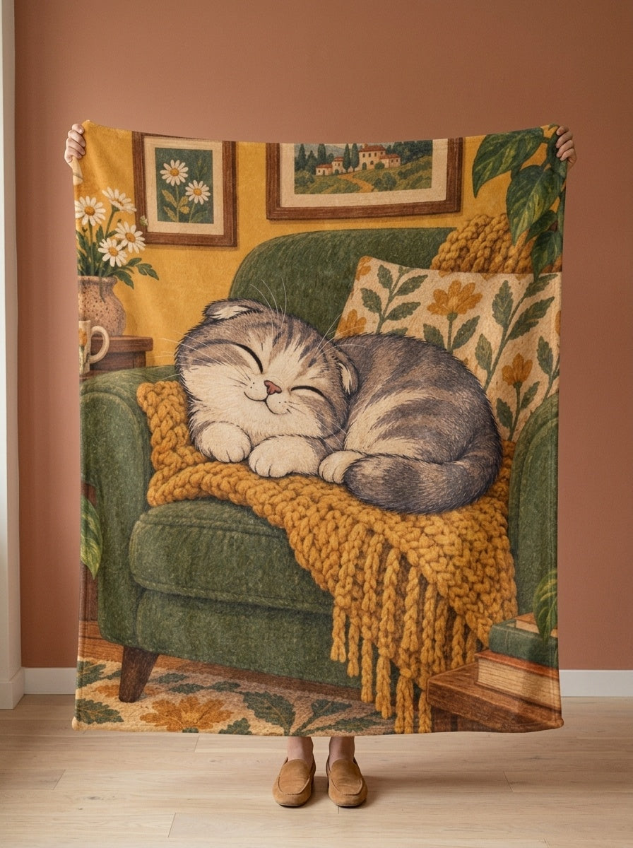 Custom cat portrait blanket, Cartoon style, held open