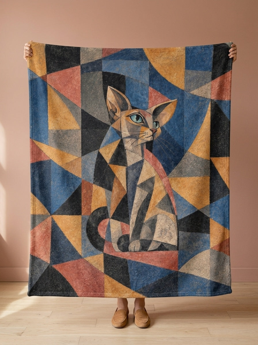 Custom cat portrait blanket, Cubism style, held open