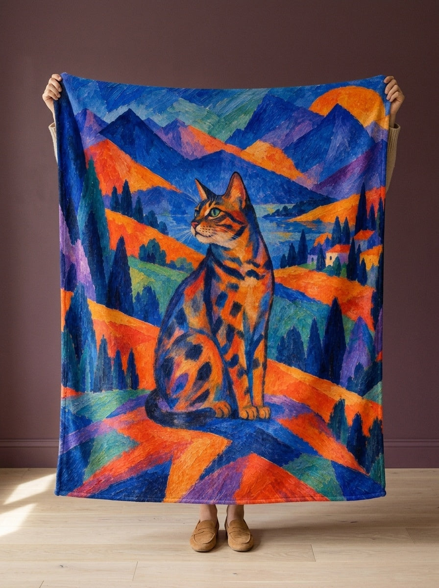 Custom cat portrait blanket, Expressionism style, held open
