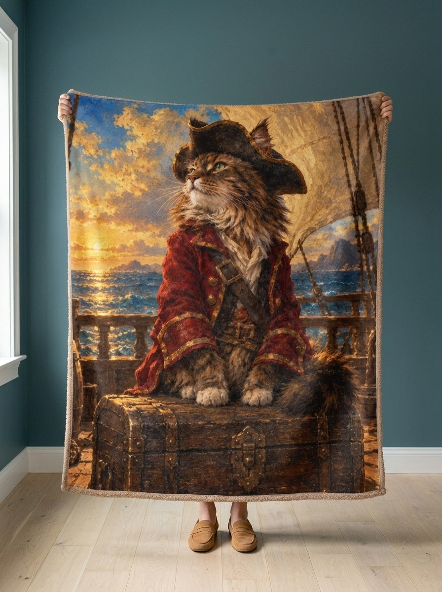 Custom cat portrait blanket, Pirate style, held open