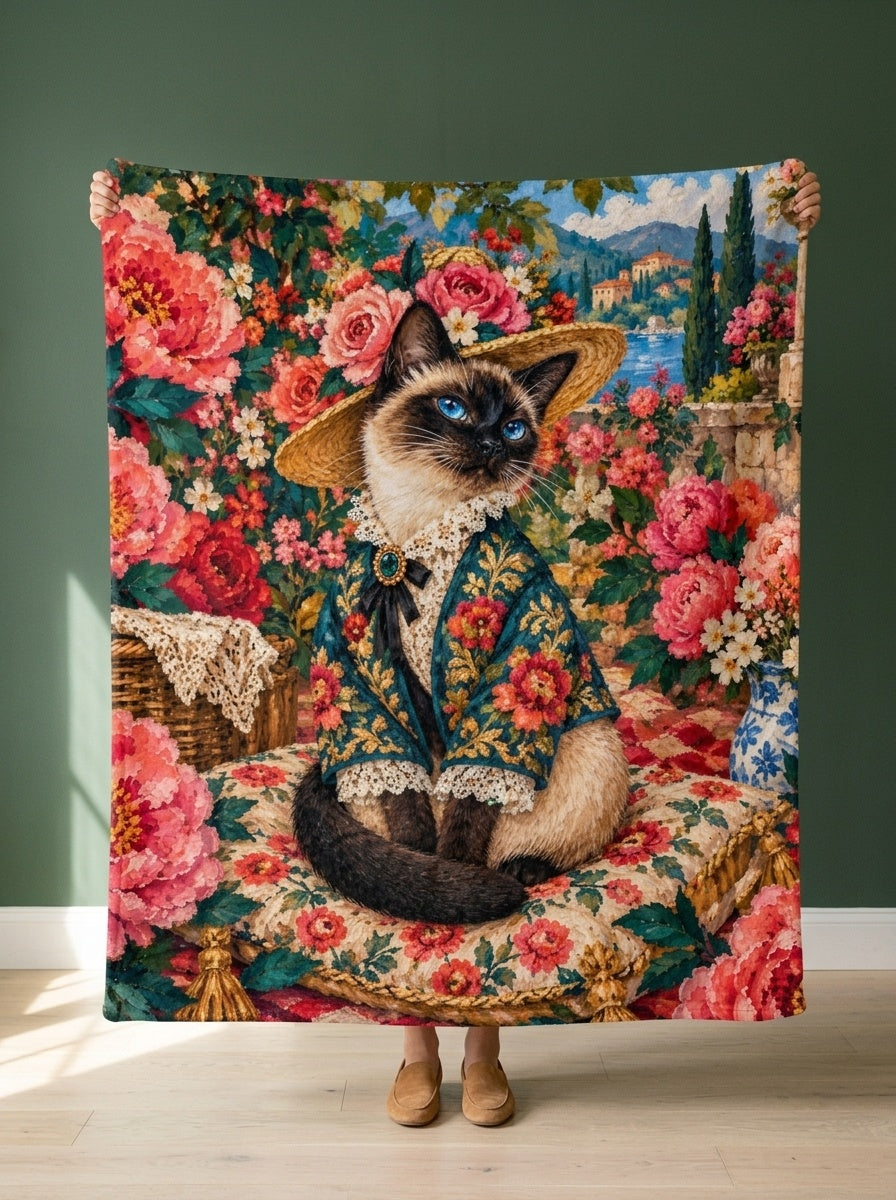 Custom cat portrait blanket, Pop Art style, held open