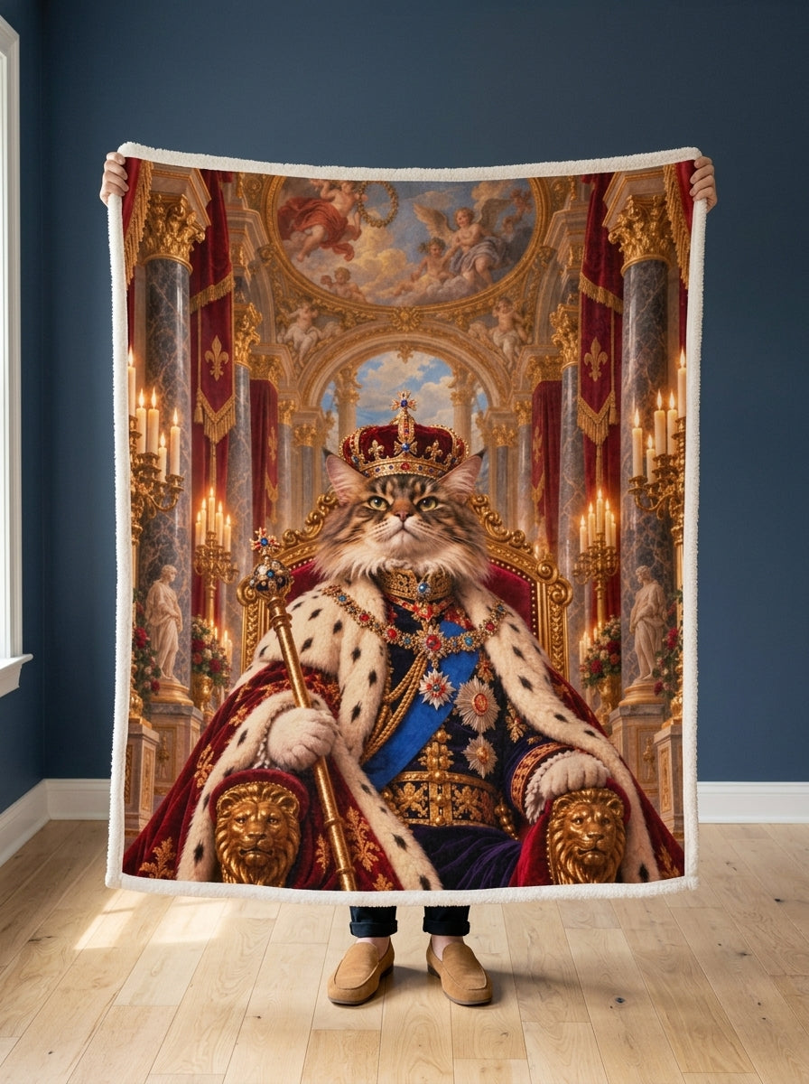 Custom cat portrait blanket, Royal style, held open