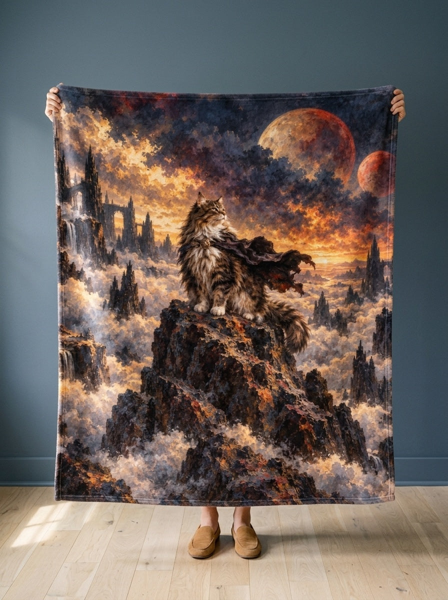 Custom cat portrait blanket, Sci-Fi Fantasy style, held open