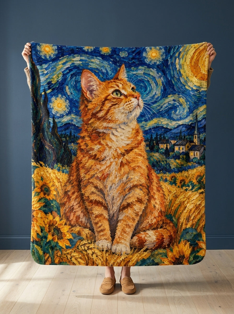 Custom cat portrait blanket, Van Gogh style, held open