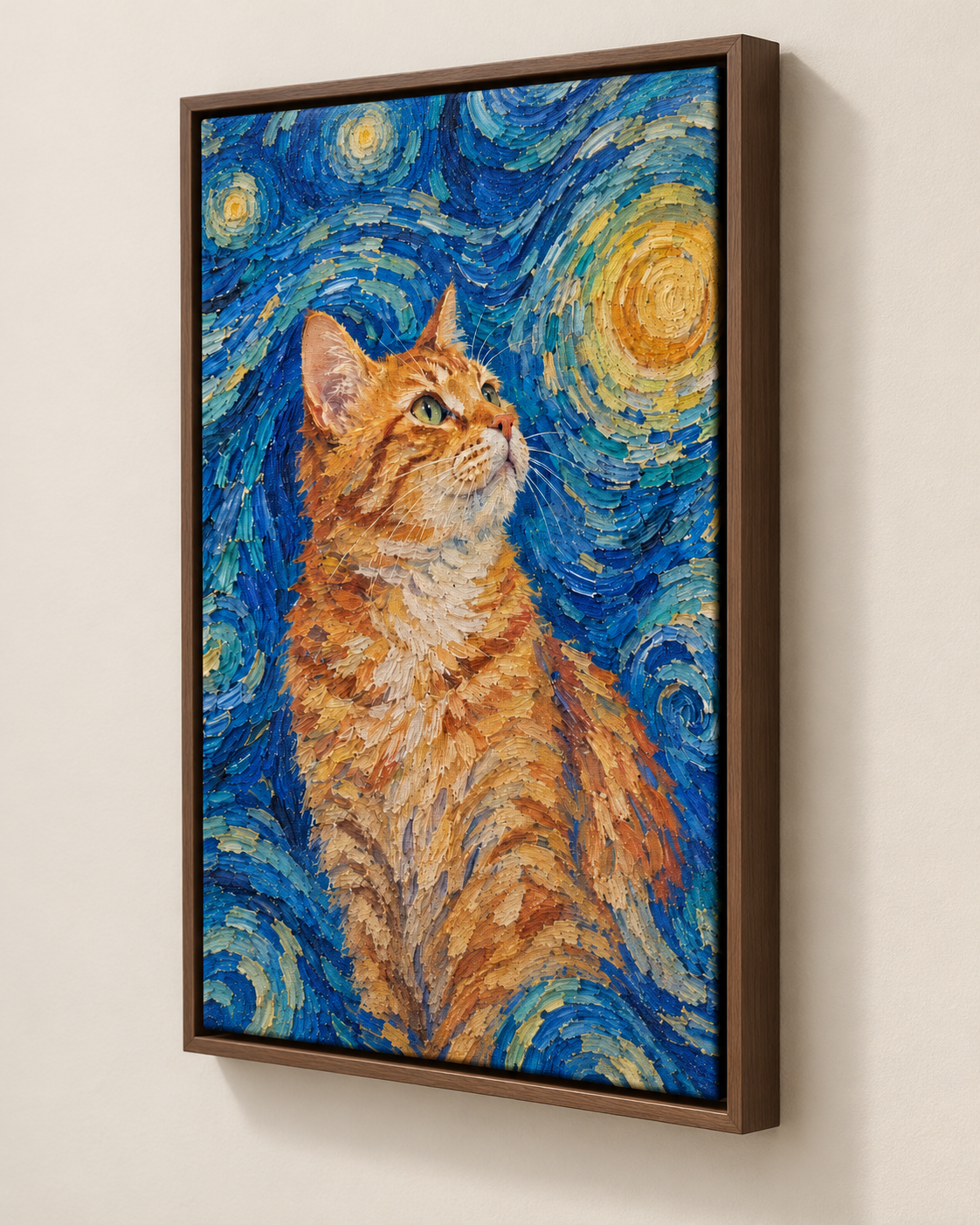 Van Gogh cat portrait canvas, 1 cat, Brown frame, three-quarter view