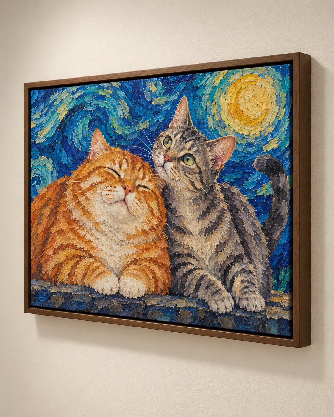 Van Gogh cat portrait canvas, 2 cats, Brown frame, three-quarter view