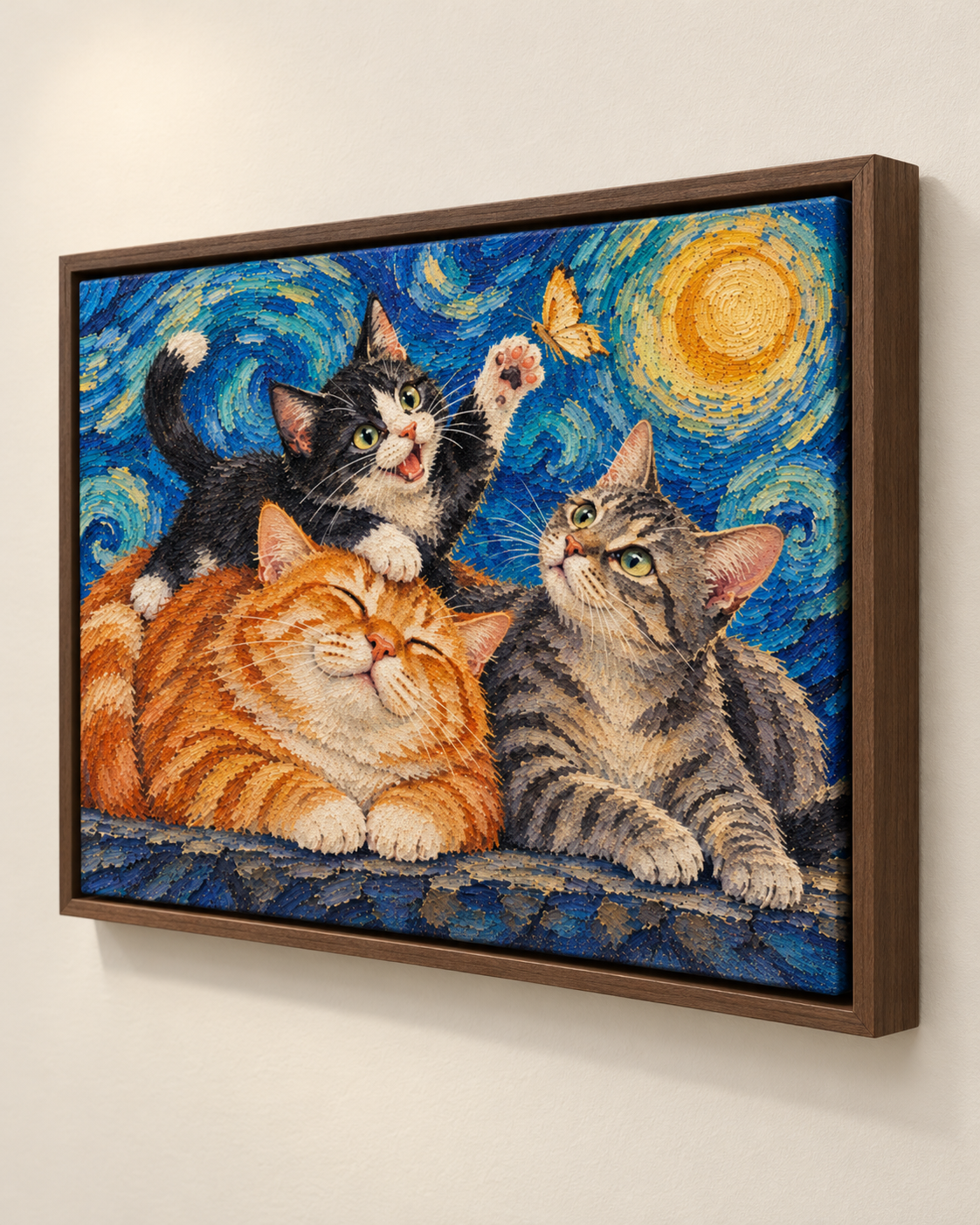 Van Gogh cat portrait canvas, 3 cats, Brown frame, three-quarter view