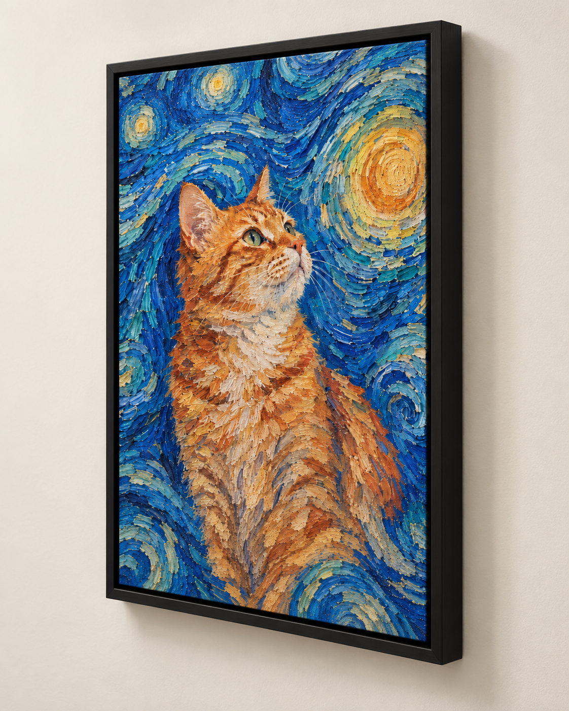 Van Gogh cat portrait canvas, 1 cat, Black frame, three-quarter view