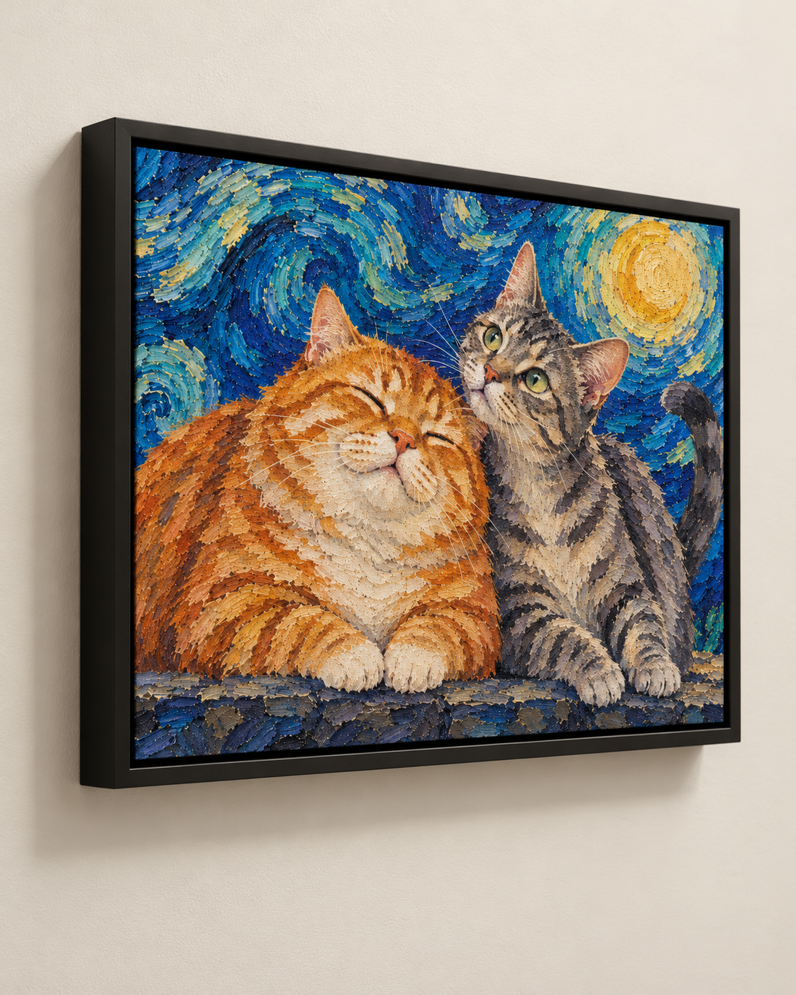 Van Gogh cat portrait canvas, 2 cats, Black frame, three-quarter view