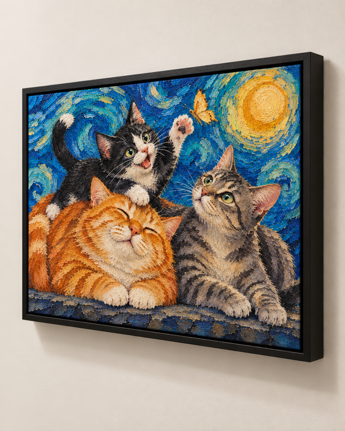 Van Gogh cat portrait canvas, 3 cats, Black frame, three-quarter view