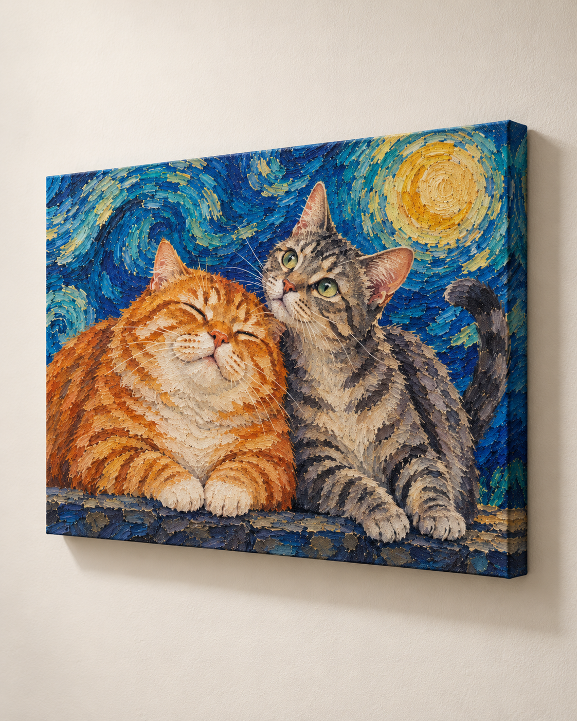 Van Gogh cat portrait canvas, 2 cats, Unframed, three-quarter view