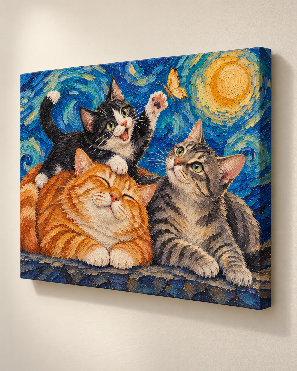 Van Gogh cat portrait canvas, 3 cats, Unframed, three-quarter view