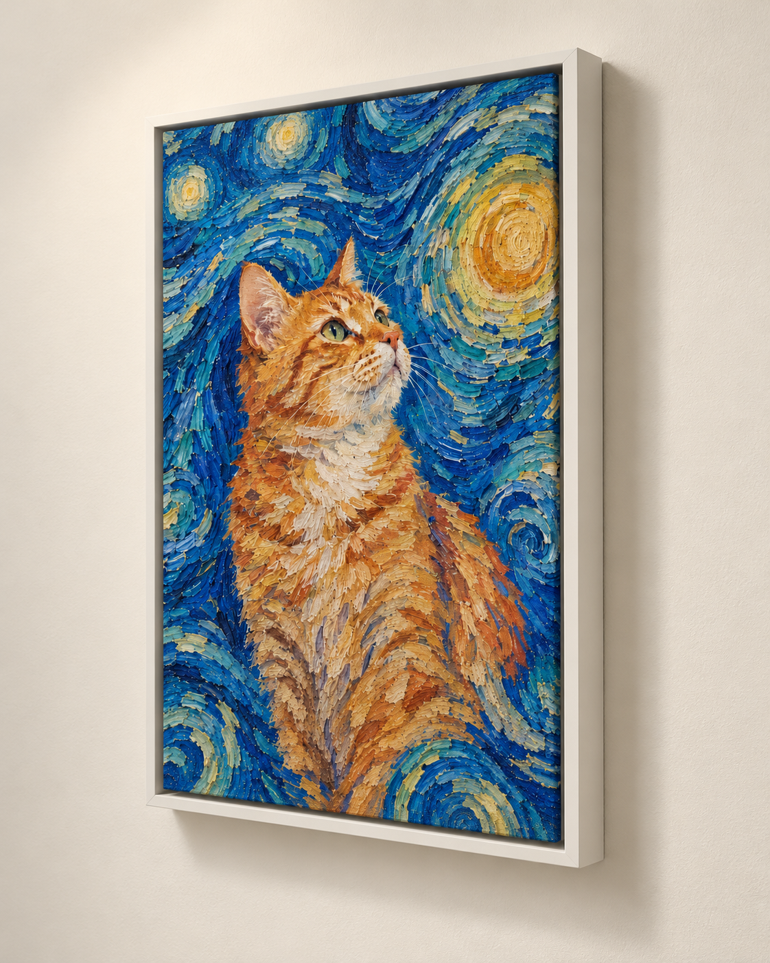 Van Gogh cat portrait canvas, 1 cat, White frame, three-quarter view