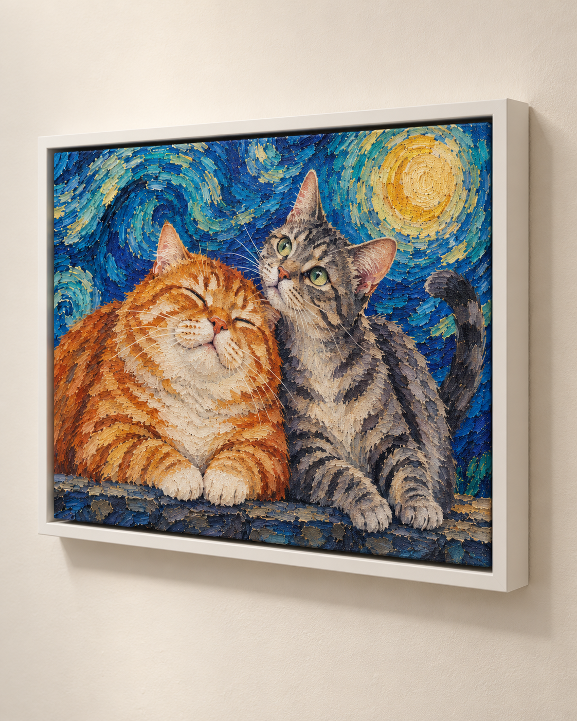 Van Gogh cat portrait canvas, 2 cats, White frame, three-quarter view