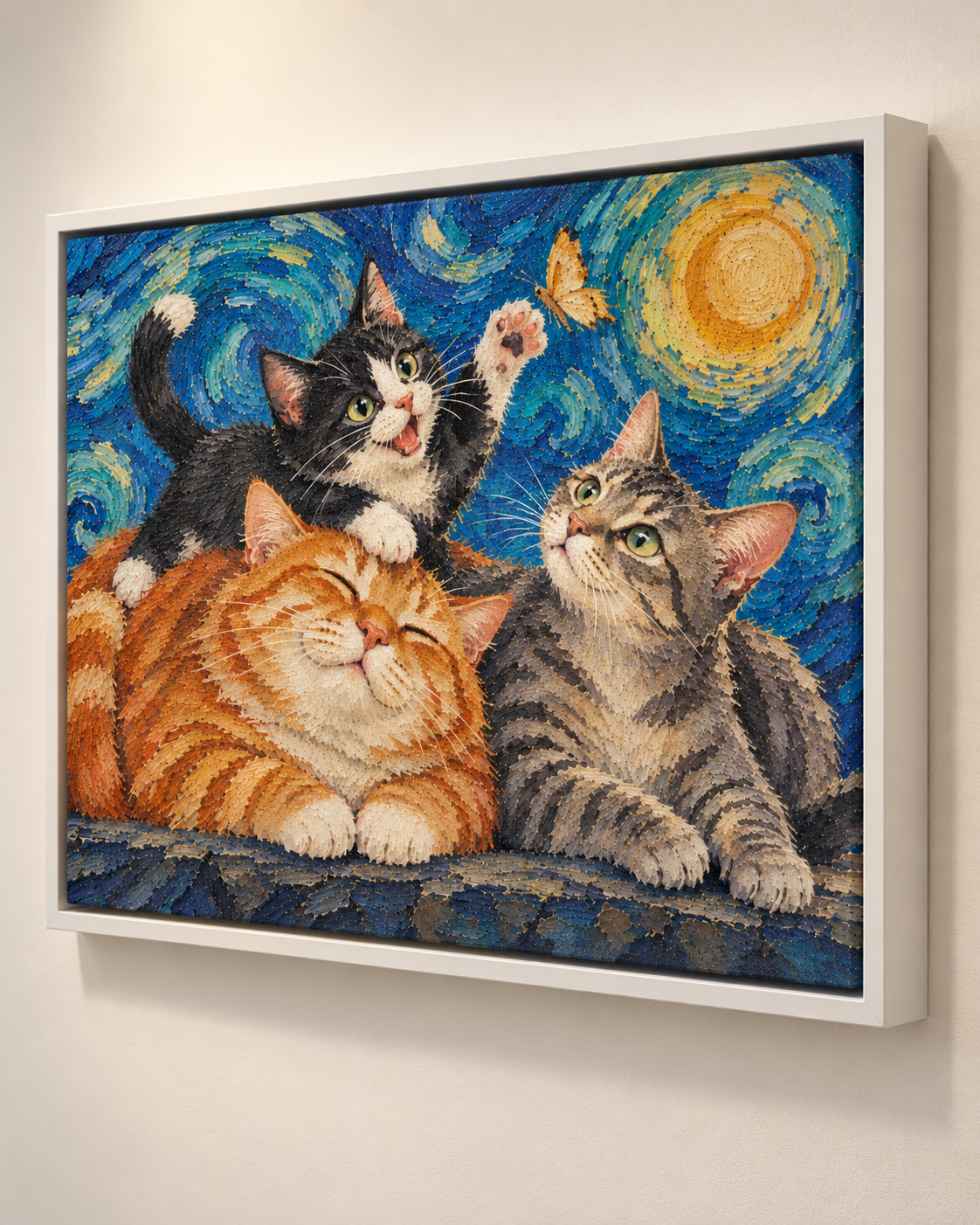 Van Gogh cat portrait canvas, 3 cats, White frame, three-quarter view