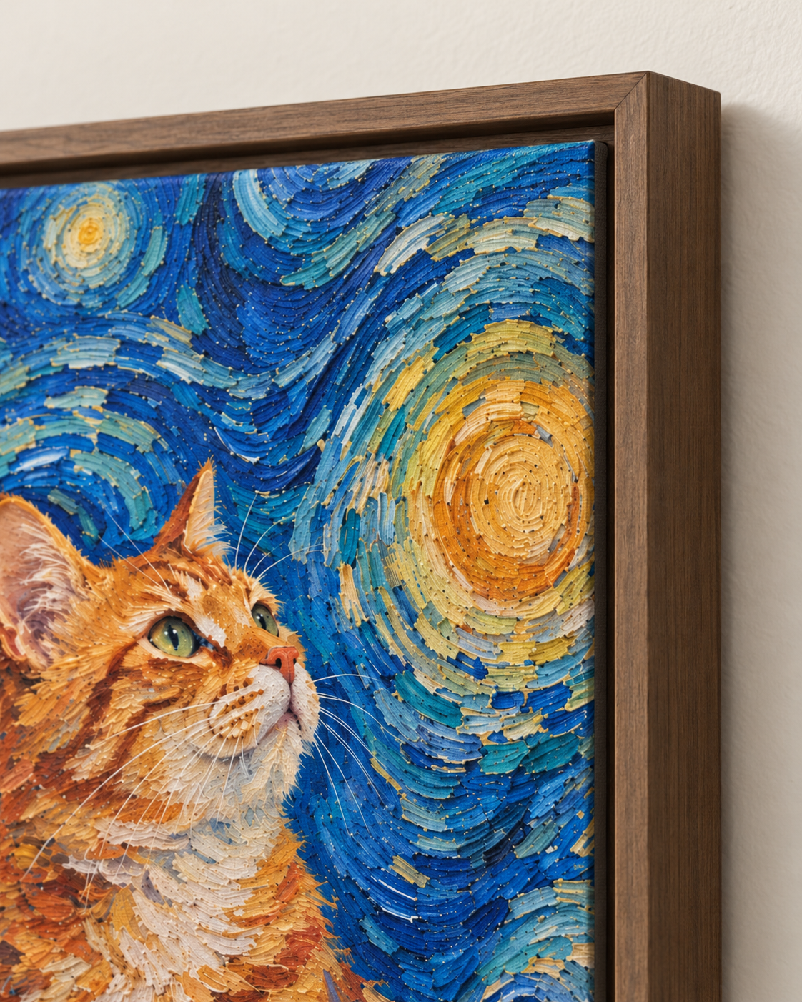 Van Gogh cat portrait canvas, 1 cat, Brown frame, edge detail