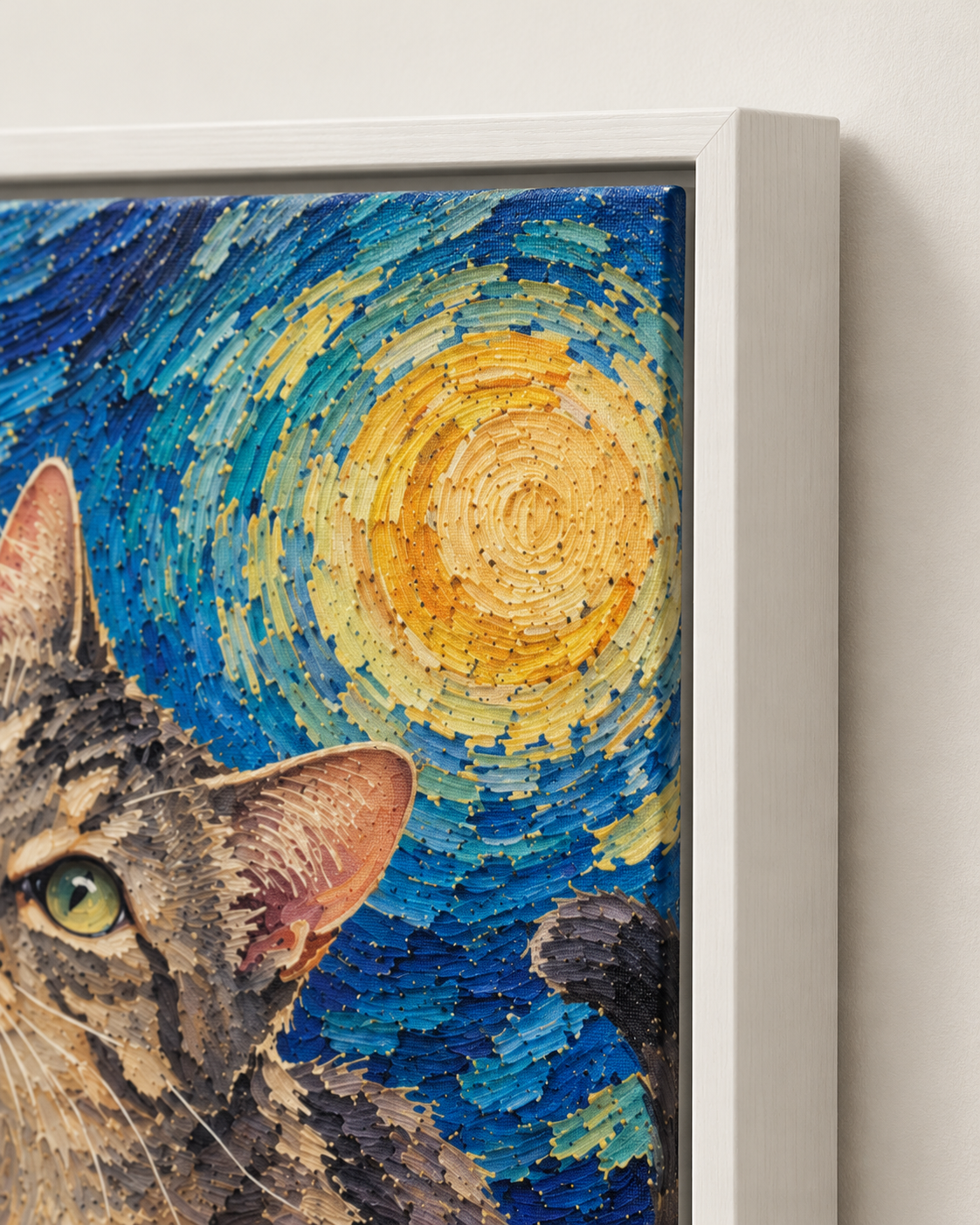 Van Gogh cat portrait canvas, 2 cats, Brown frame, edge detail