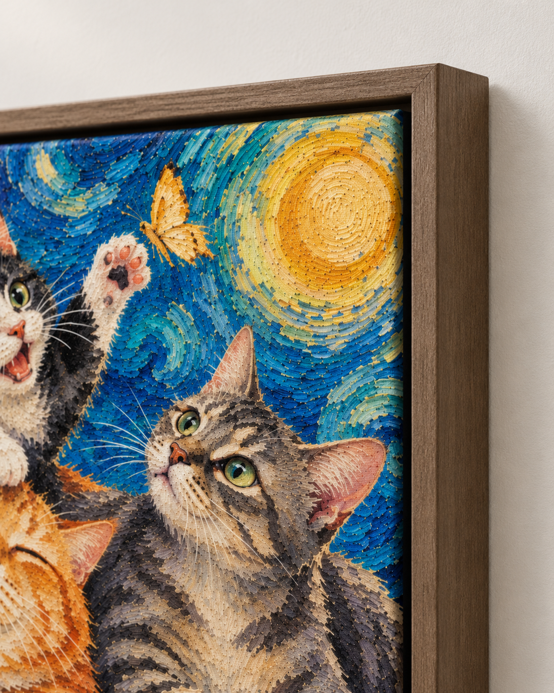 Van Gogh cat portrait canvas, 3 cats, Brown frame, edge detail