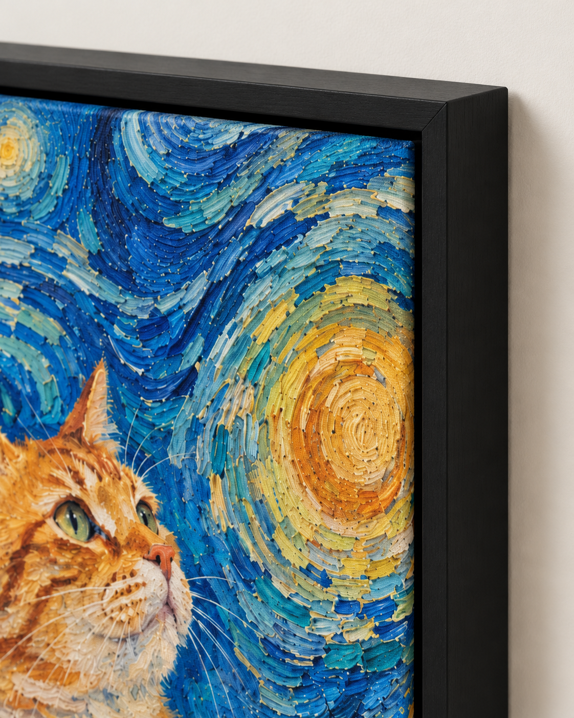 Van Gogh cat portrait canvas, 1 cat, Black frame, edge detail