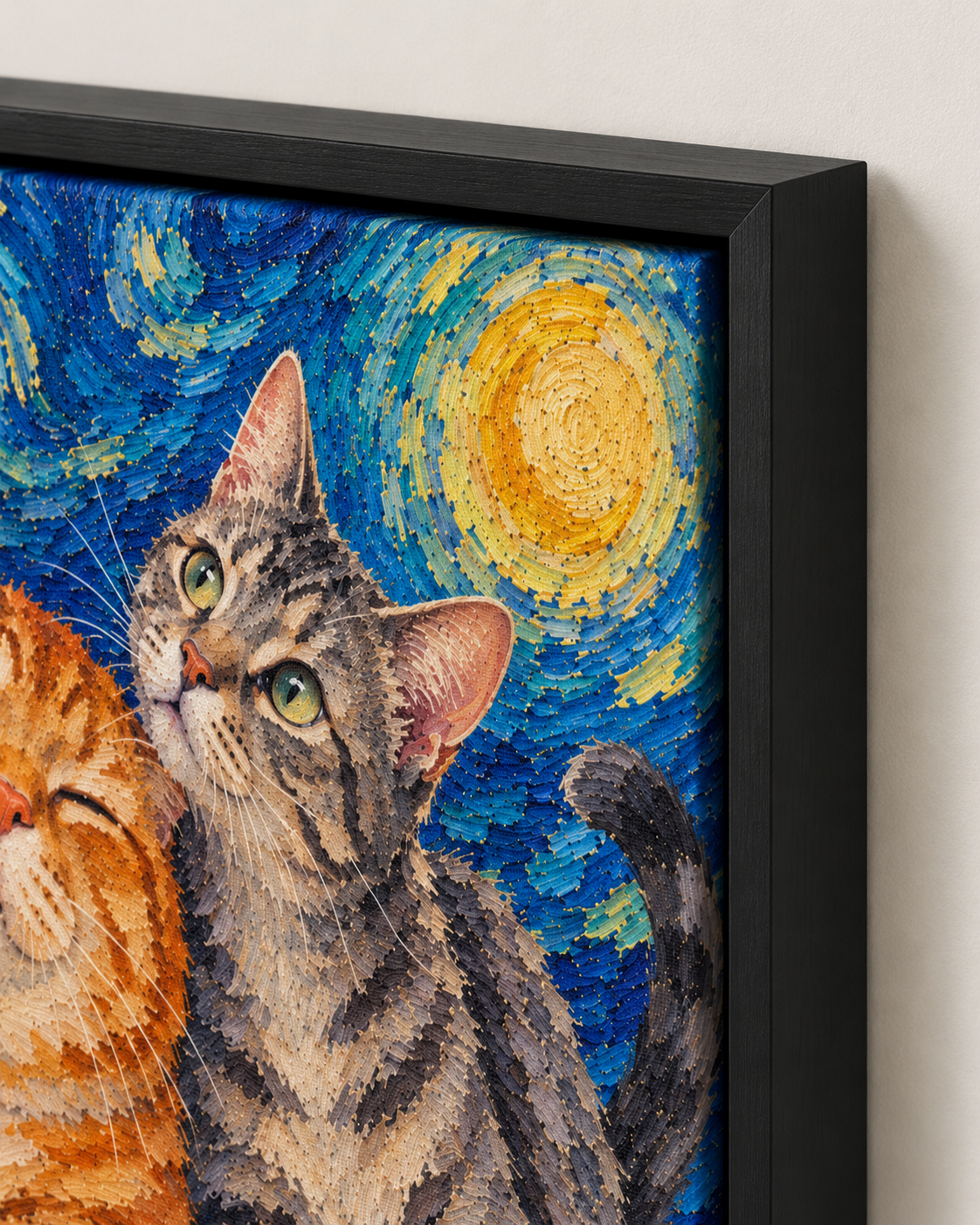 Van Gogh cat portrait canvas, 2 cats, Black frame, edge detail