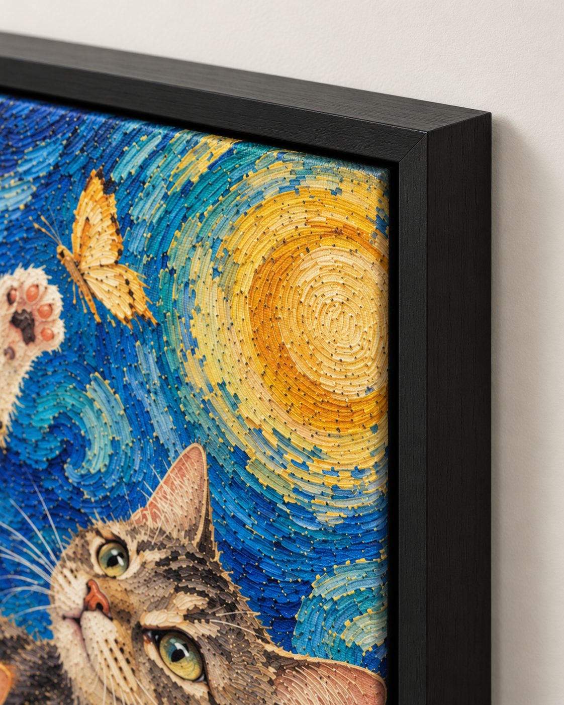 Van Gogh cat portrait canvas, 3 cats, Black frame, edge detail