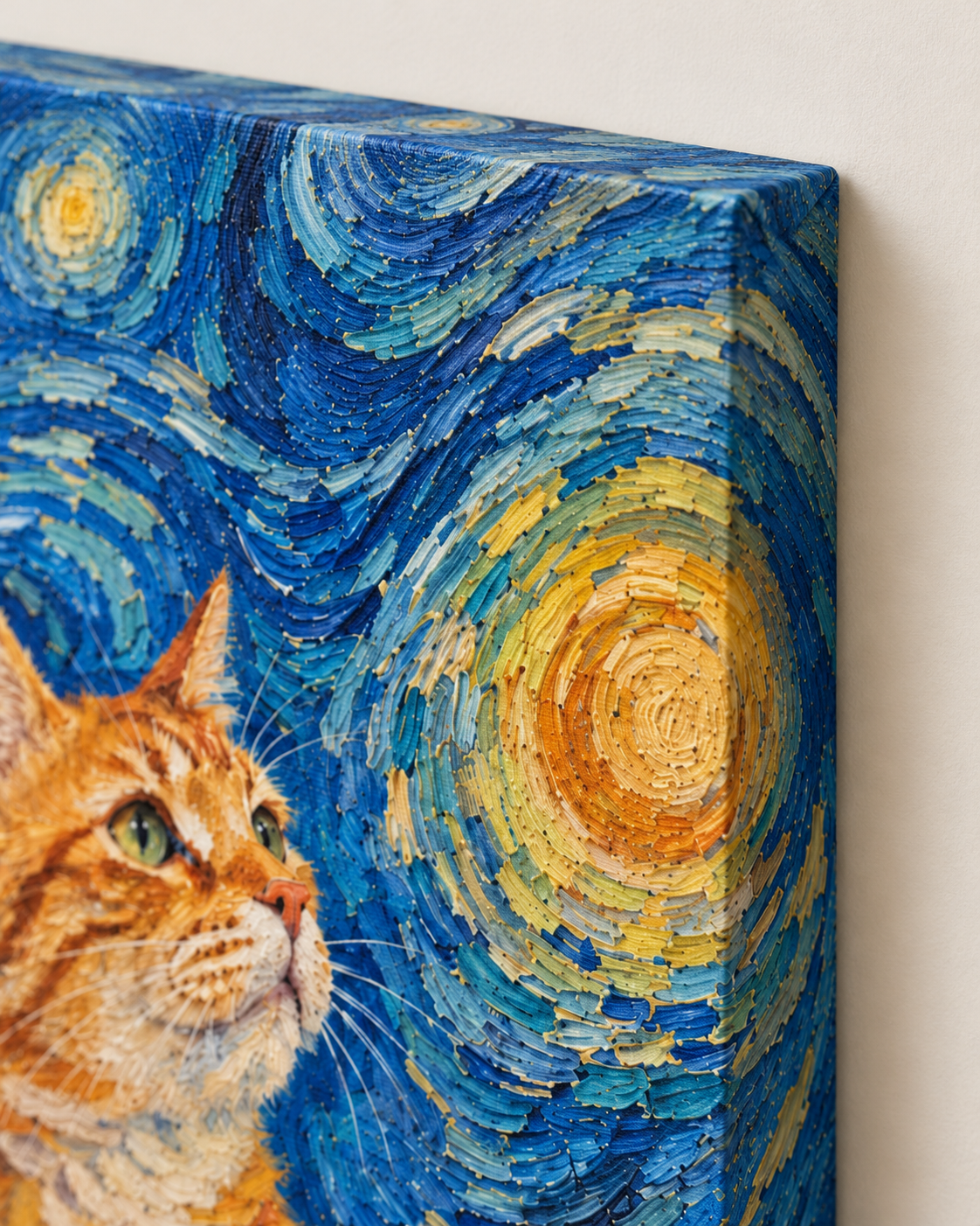 Van Gogh cat portrait canvas, 1 cat, Unframed, edge detail