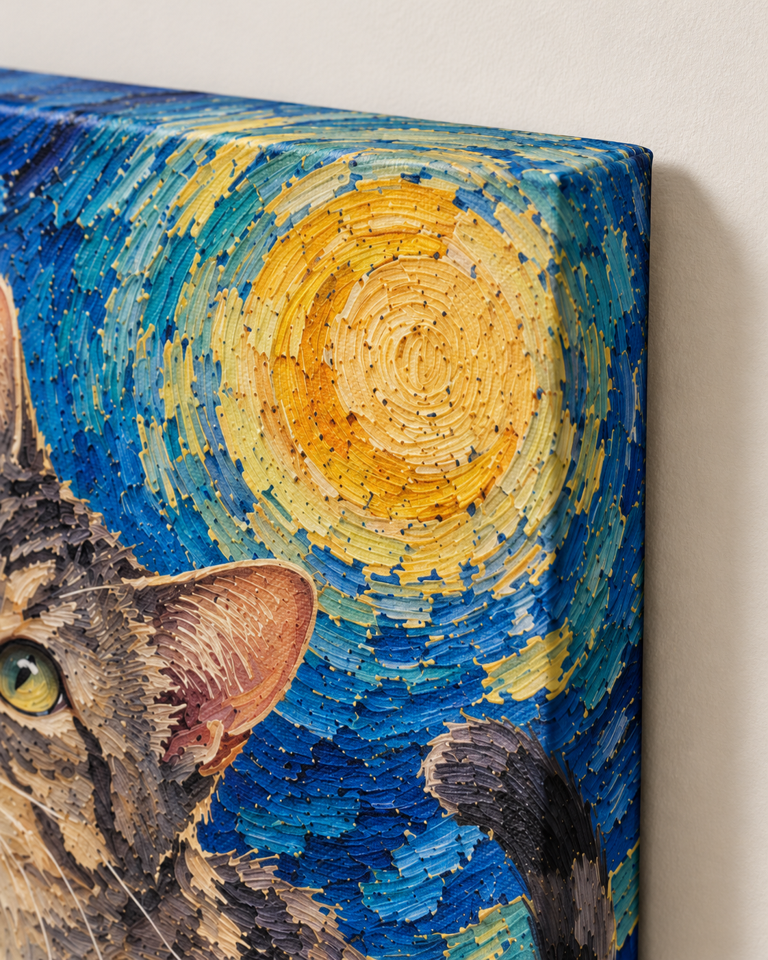 Van Gogh cat portrait canvas, 2 cats, Unframed, edge detail