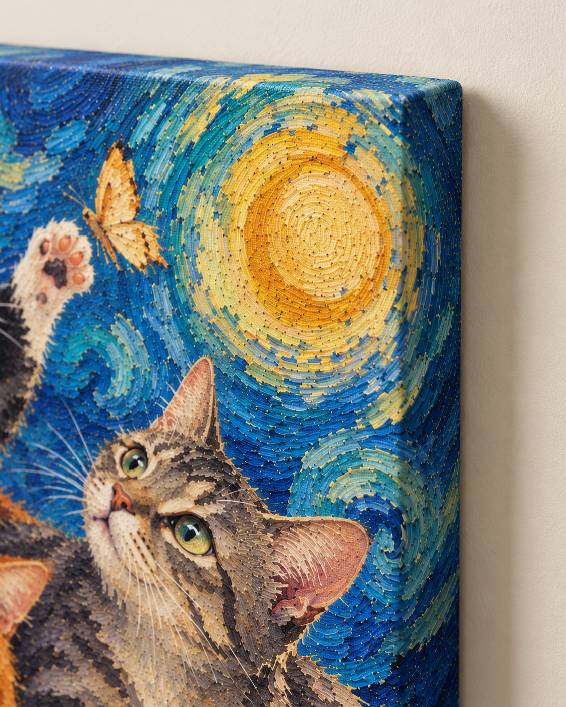 Van Gogh cat portrait canvas, 3 cats, Unframed, edge detail