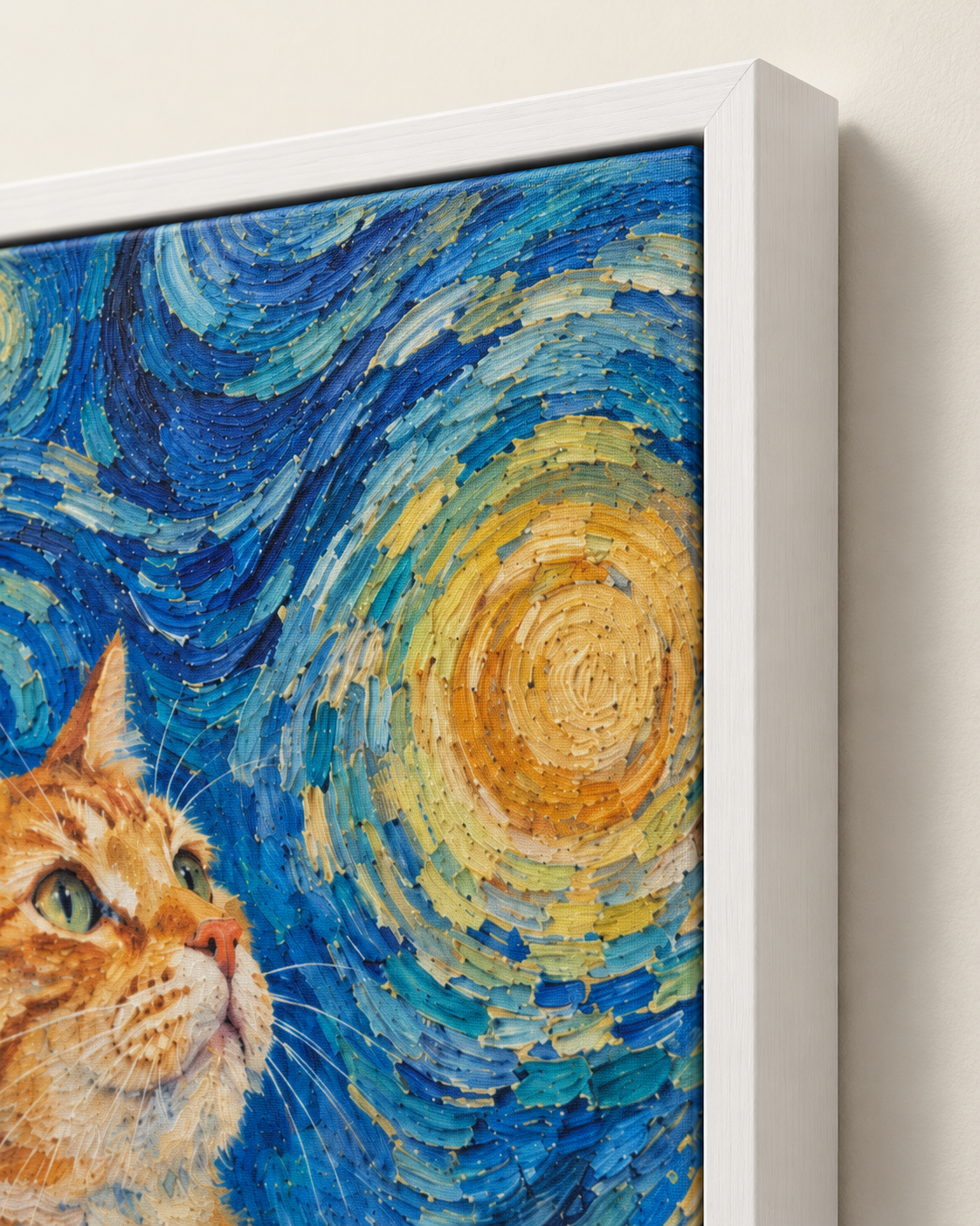 Van Gogh cat portrait canvas, 1 cat, White frame, edge detail
