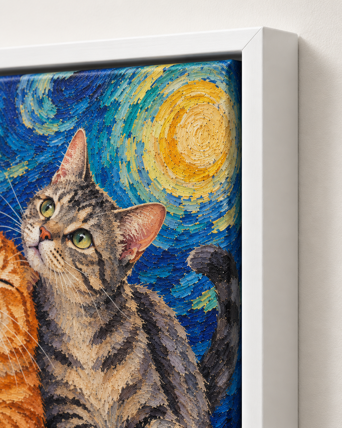 Van Gogh cat portrait canvas, 2 cats, White frame, edge detail