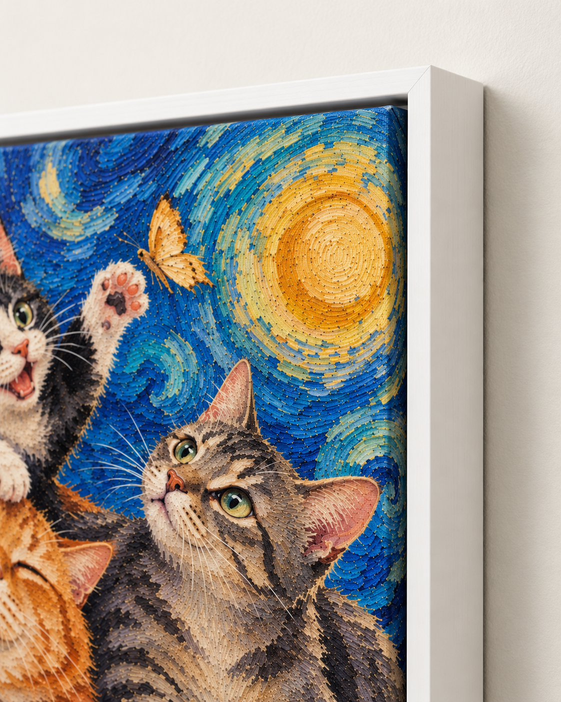 Van Gogh cat portrait canvas, 3 cats, White frame, edge detail
