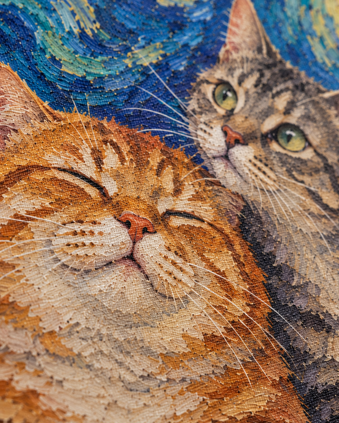 Van Gogh cat portrait canvas, 2 cats, close-up of the print