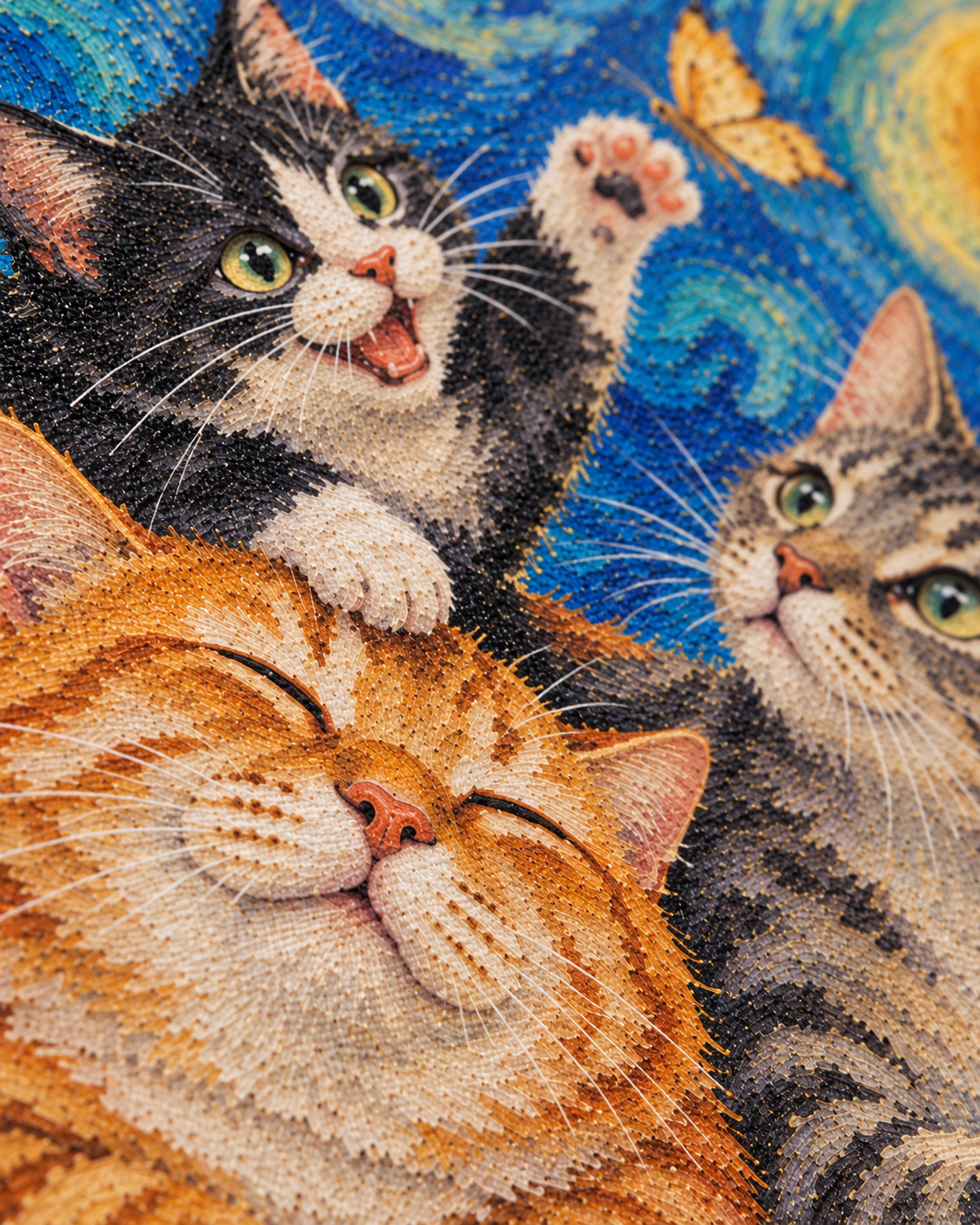 Van Gogh cat portrait canvas, 3 cats, close-up of the print