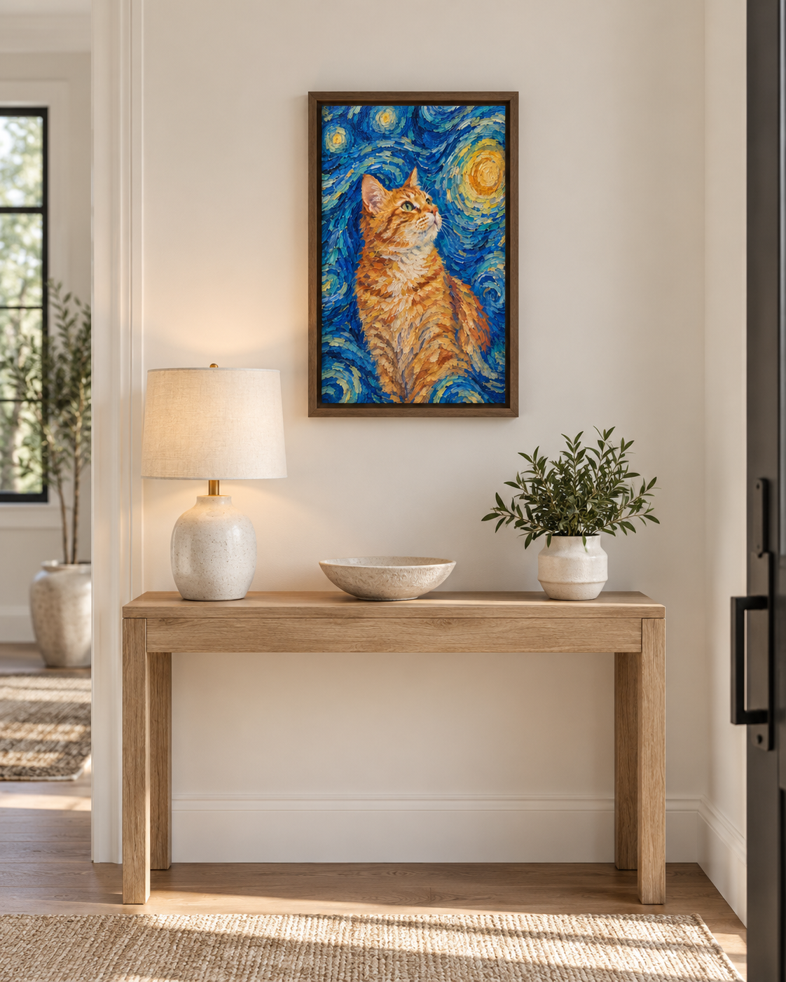 Van Gogh cat portrait canvas, 1 cat, 12" x 18", Brown frame, in a room