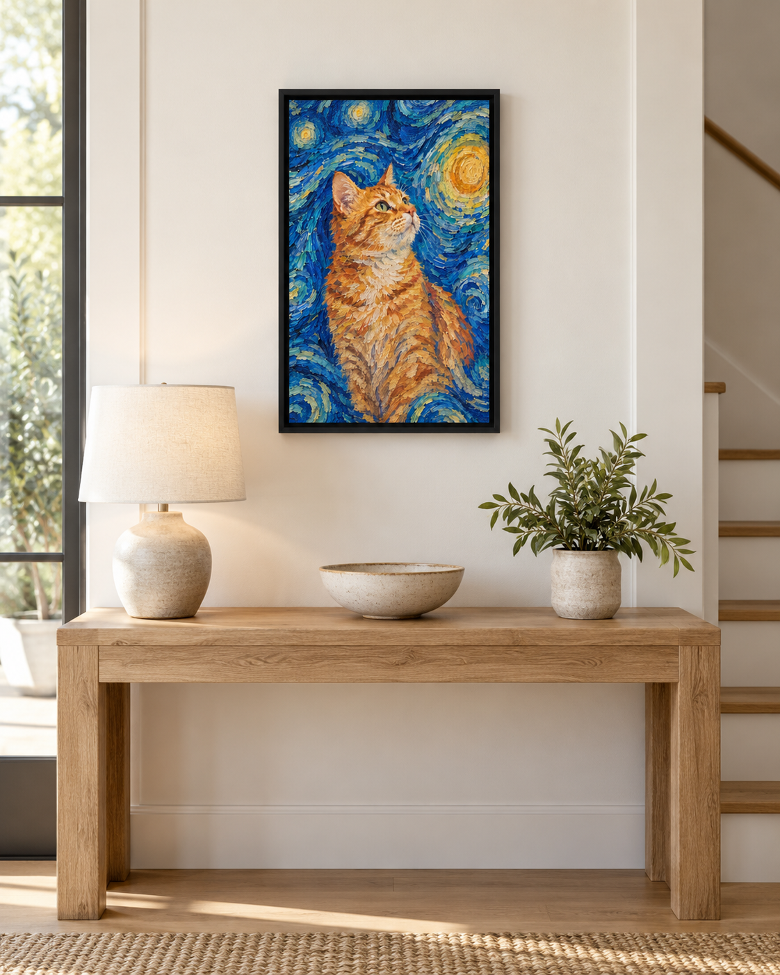 Van Gogh cat portrait canvas, 1 cat, 12" x 18", Black frame, in a room