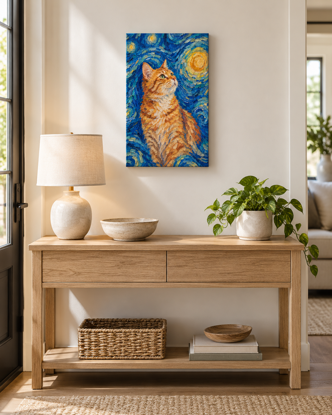 Van Gogh cat portrait canvas, 1 cat, 12" x 18", Unframed, in a room