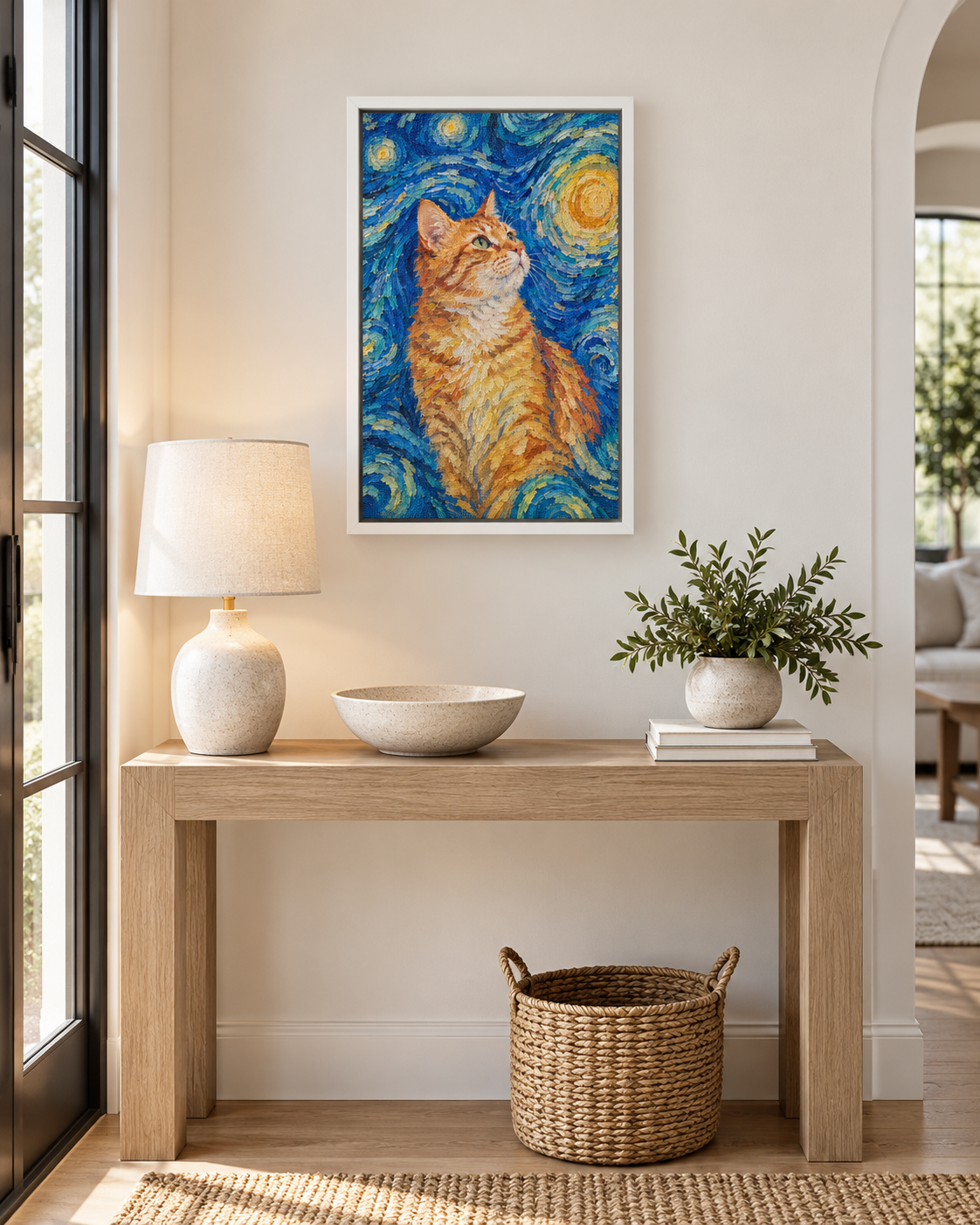 Van Gogh cat portrait canvas, 1 cat, 12" x 18", White frame, in a room