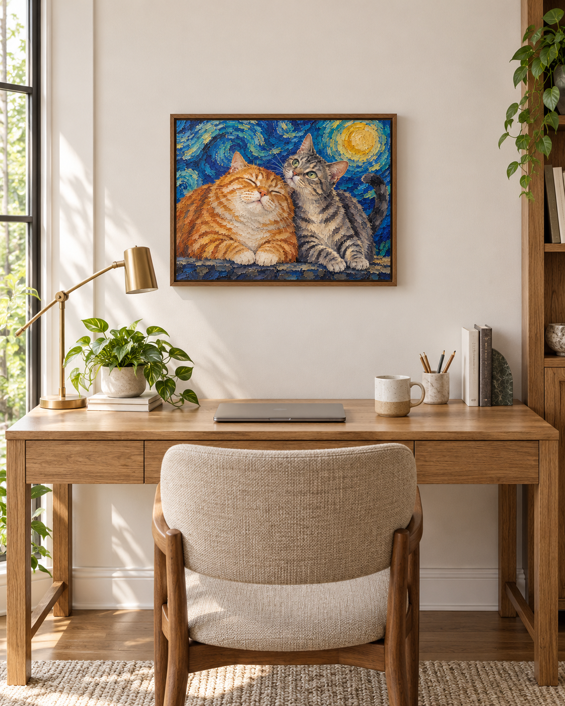 Van Gogh cat portrait canvas, 2 cats, 16" x 12", Brown frame, in a room