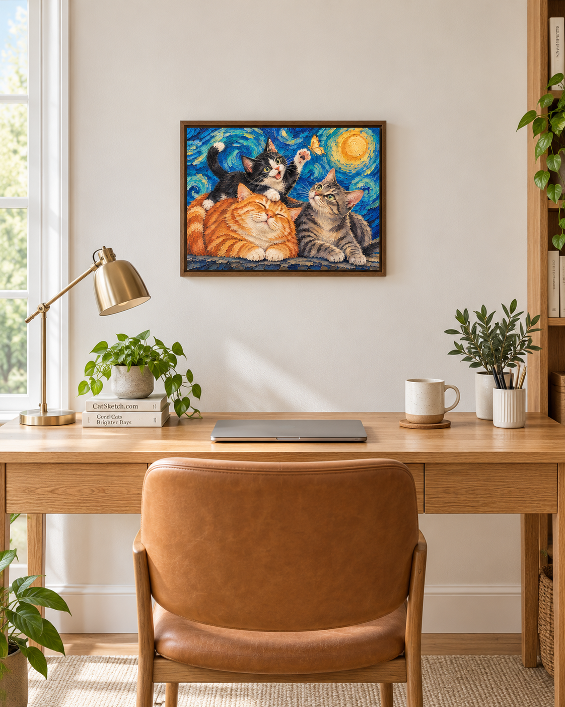 Van Gogh cat portrait canvas, 3 cats, 16" x 12", Brown frame, in a room