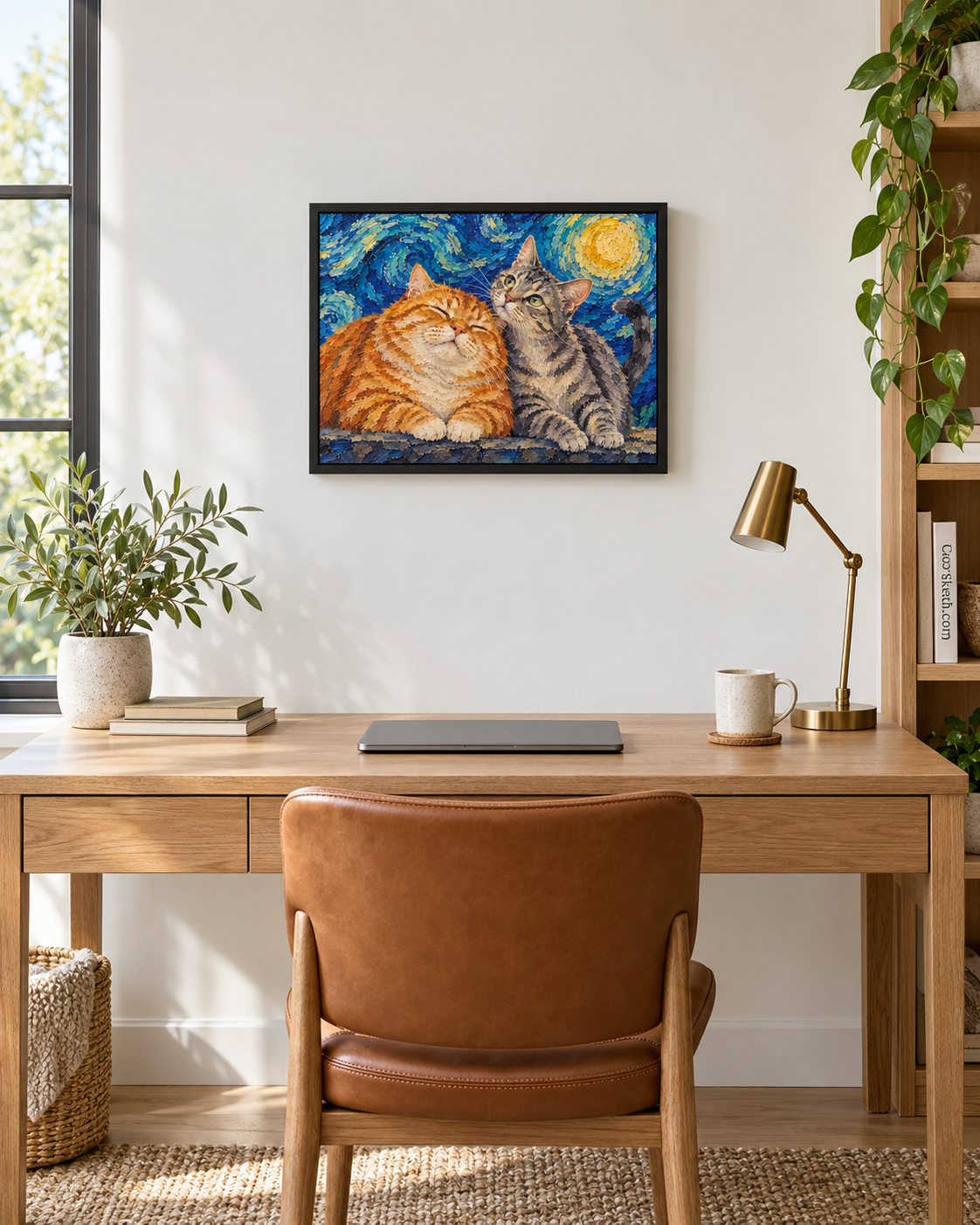 Van Gogh cat portrait canvas, 2 cats, 16" x 12", Black frame, in a room