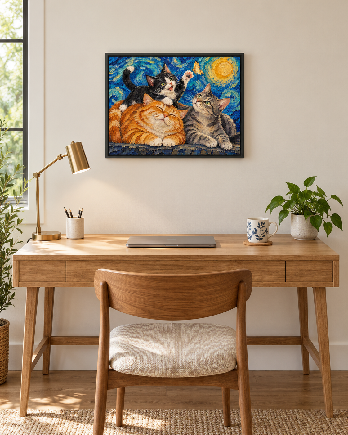 Van Gogh cat portrait canvas, 3 cats, 16" x 12", Black frame, in a room