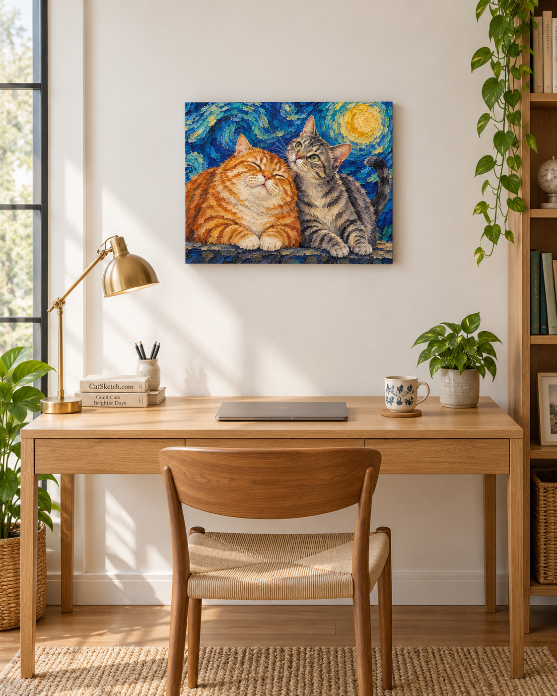 Van Gogh cat portrait canvas, 2 cats, 16" x 12", Unframed, in a room