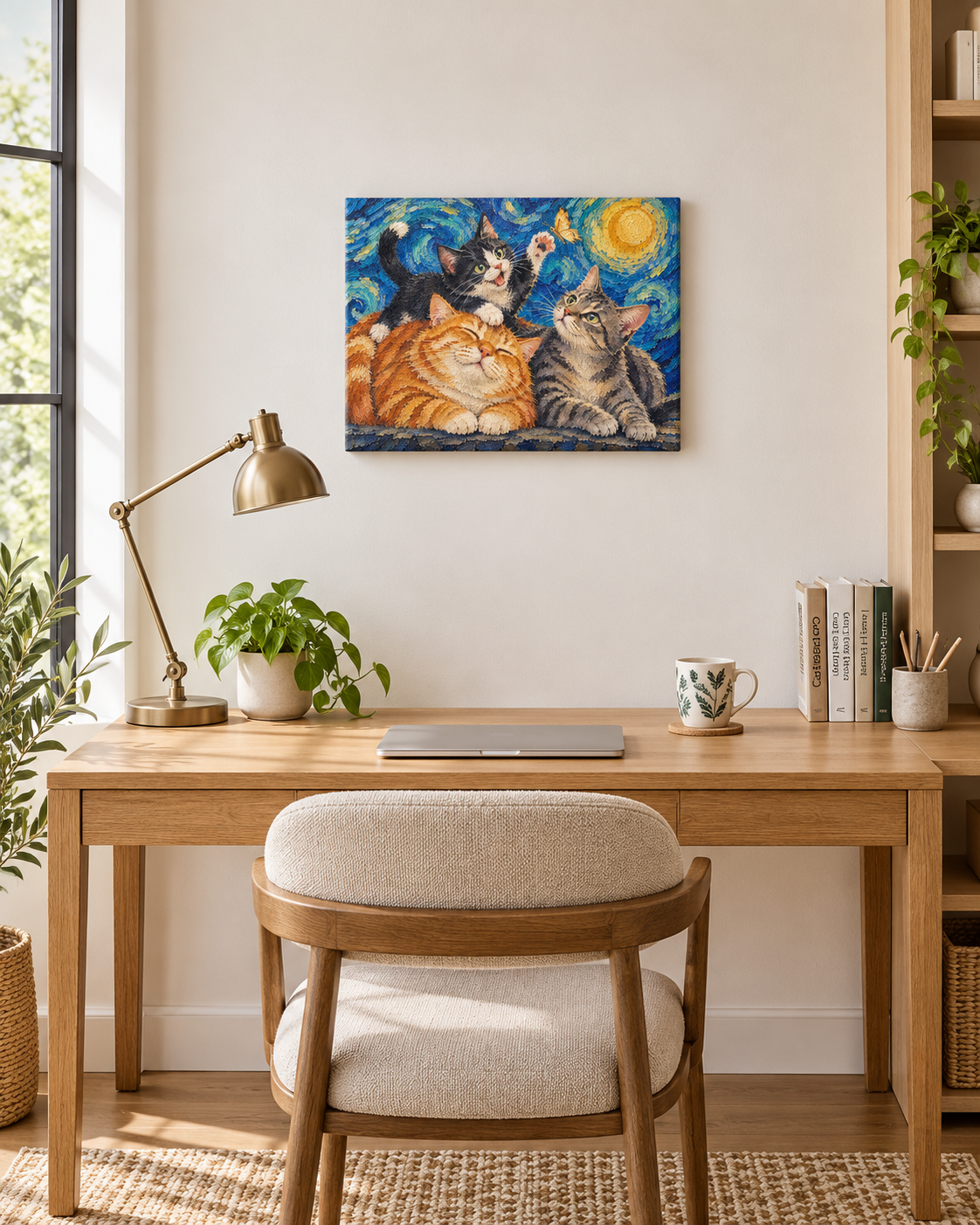 Van Gogh cat portrait canvas, 3 cats, 16" x 12", Unframed, in a room