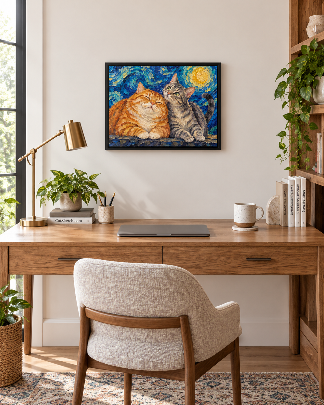 Van Gogh cat portrait canvas, 2 cats, 16" x 12", White frame, in a room