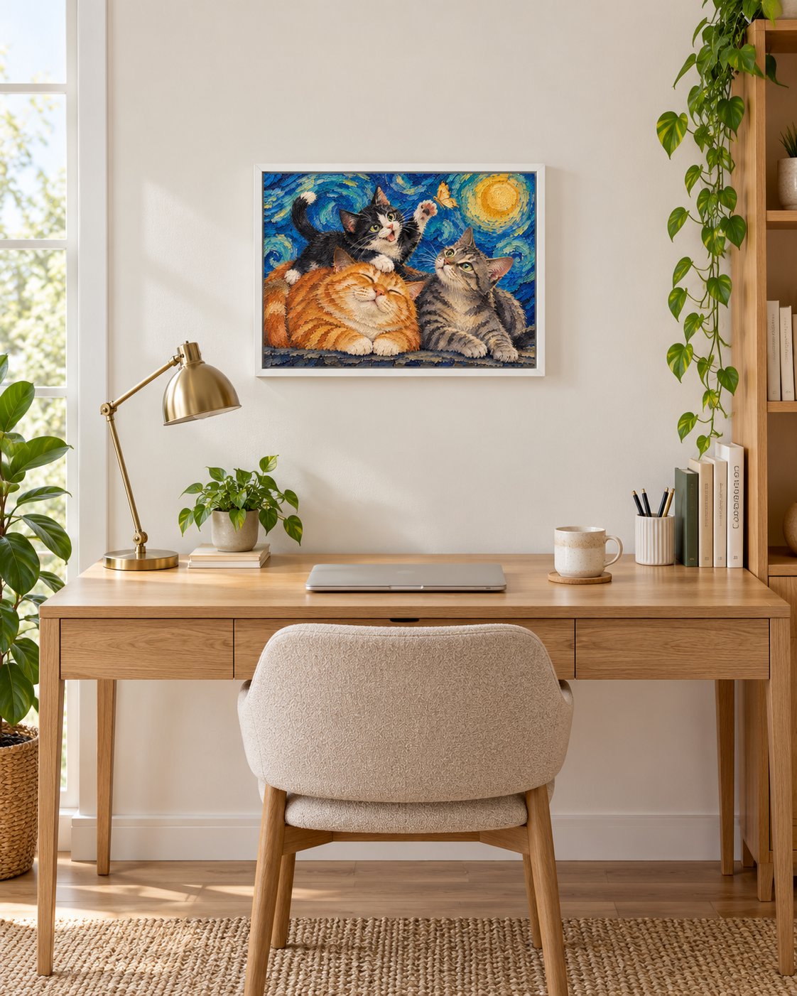 Van Gogh cat portrait canvas, 3 cats, 16" x 12", White frame, in a room