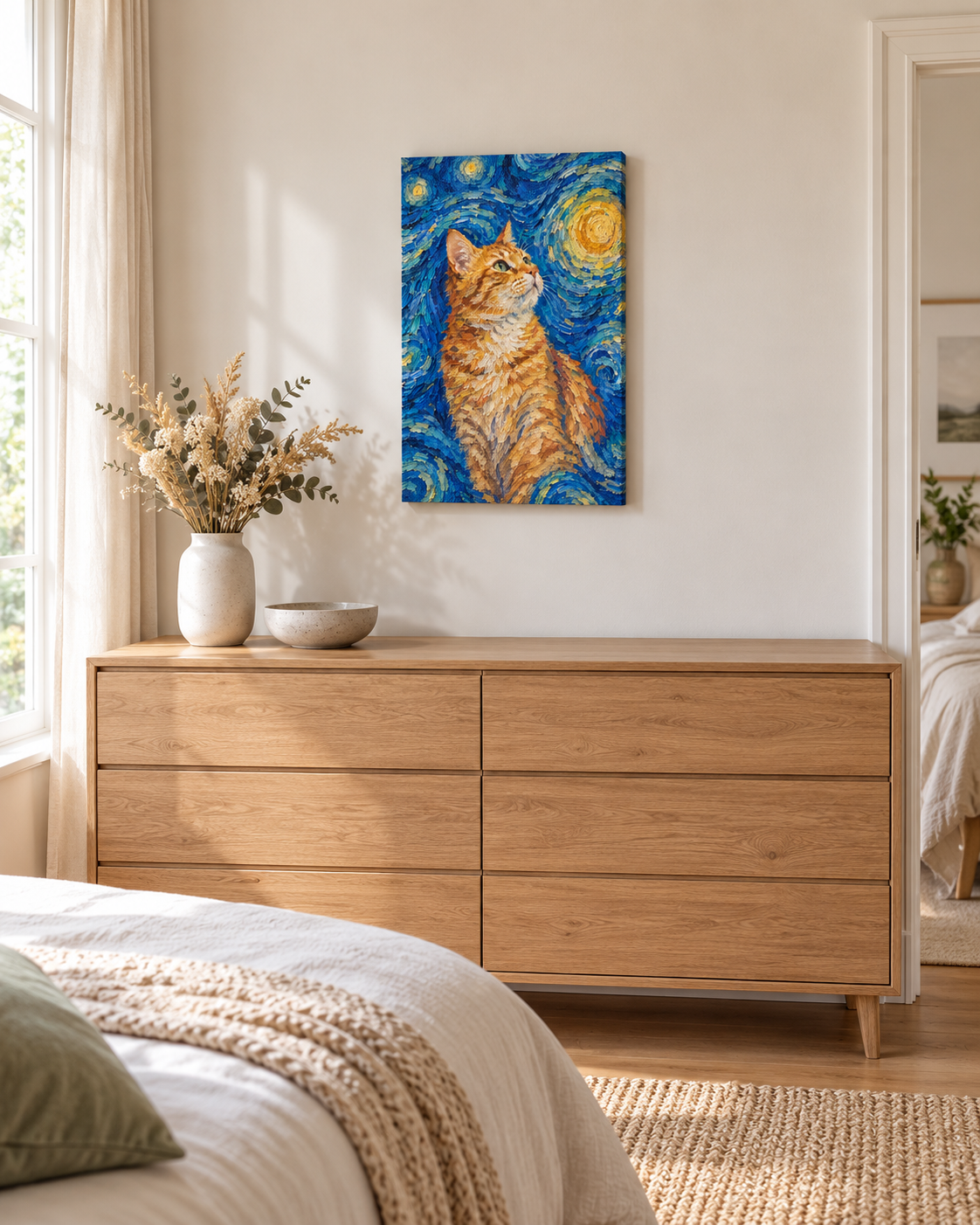 Van Gogh cat portrait canvas, 1 cat, 16" x 24", Unframed, in a room