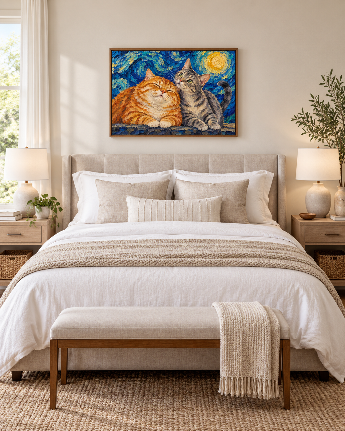 Van Gogh cat portrait canvas, 2 cats, 24" x 18", Brown frame, in a room