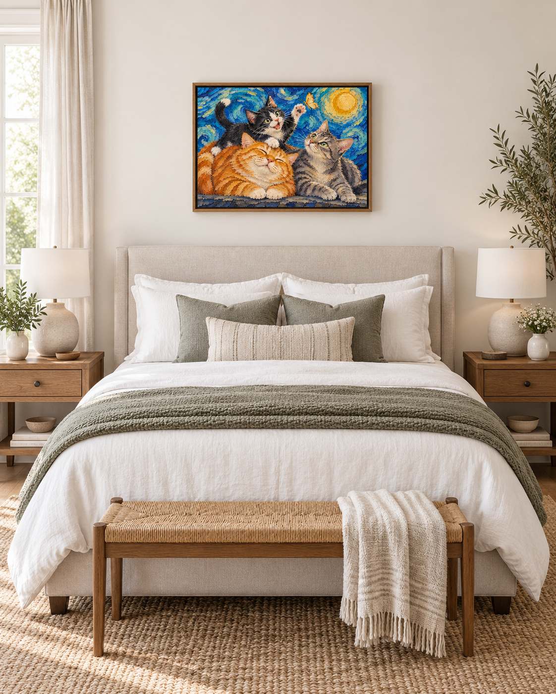 Van Gogh cat portrait canvas, 3 cats, 24" x 18", Brown frame, in a room